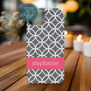 Coque Pour iPhone 15 Nom personnalisé du Motif géométrique gris et blan