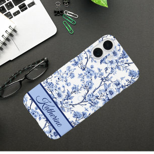 Coques iPhone 16 Plus Nom personnalisé Élégant Floral Bleu Vintage Franç