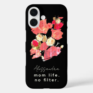 Coques iPhone 16 Nom personnalisé Elegant Noir Rouge Blanc Floral M