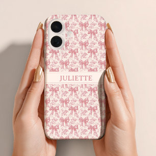 Coques iPhone 16 Nom personnalisé Elegant Vintage Floral Blush Bows