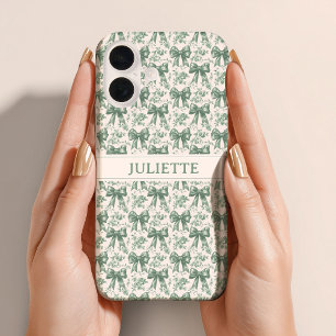 Coques iPhone 16 Nom personnalisé Elégante Vintage Floral Green Bow
