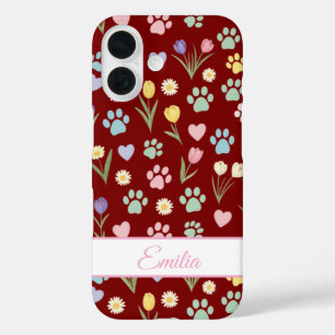 Coques iPhone 16 Nom personnalisé Empreinte de patte & Coeurs Télép