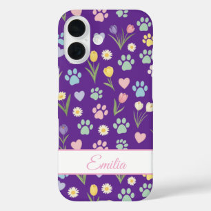 Coques iPhone 16 Nom personnalisé Empreinte de patte & Coeurs Télép