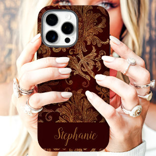 Coques iPhone 16 Pro Max Nom personnalisé en Damas or rouge vintage