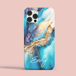 Coque iPhone 15 Pro Max Nom personnalisé en écriture cursive sur marbre bl