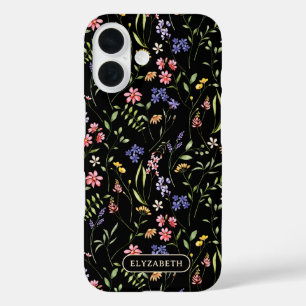 Coques iPhone 16 Nom personnalisé fleur sauvage Noir