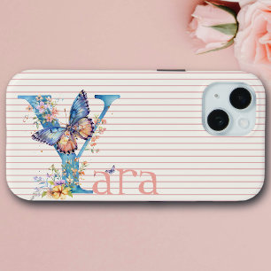 Coque Pour iPhone 15 Nom personnalisé Floral Papillon initial bleu, P