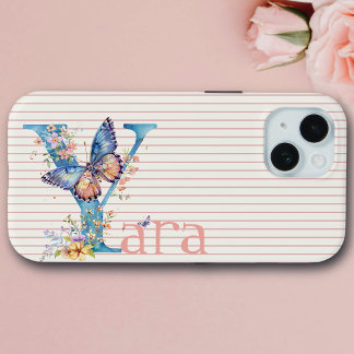 Coque Pour iPhone 15 Nom personnalisé | Floral Papillon initial bleu, P