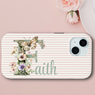 Coque Pour iPhone 15 Nom personnalisé Floral Papillon initial Vert Sa