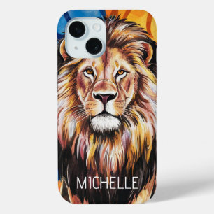 Coque Pour iPhone 15 Nom personnalisé Lion d'aquarelle moderne