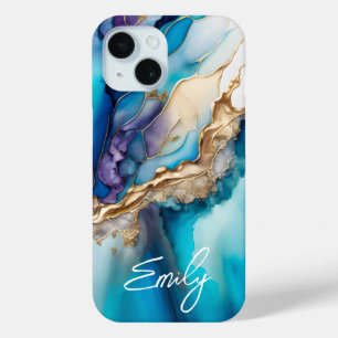 Coque Pour iPhone 15 Nom Personnalisé Marbre Bleu Or Élégant Moderne