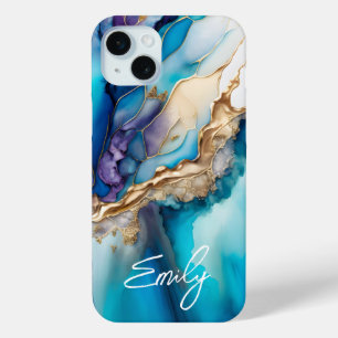 Coque iPhone 15 Mini Nom Personnalisé Marbre Bleu Or Élégant Moderne