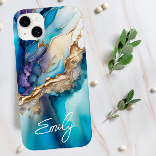 Coque Pour iPhone 14 Plus Nom Personnalisé Marbre Bleu Or Élégant Moderne