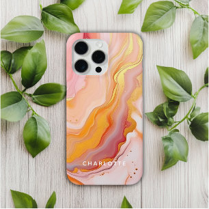 Coque iPhone 15 Pro Max Nom personnalisé Marbre Doré et Pêche Élégant Mode