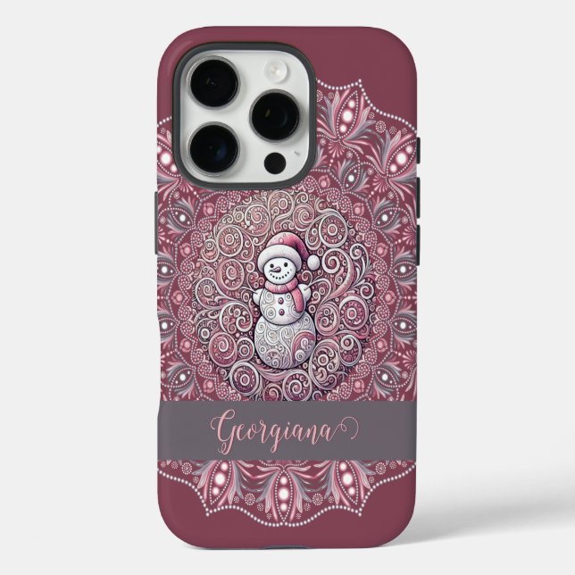Coques Case-Mate iPhone Nom personnalisé mignon Whimsical Pink Snowman Man (Verso)