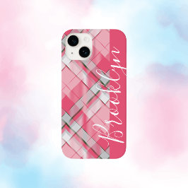 Coque Pour iPhone 14 Nom personnalisé minimaliste Pastel Rose Plaid