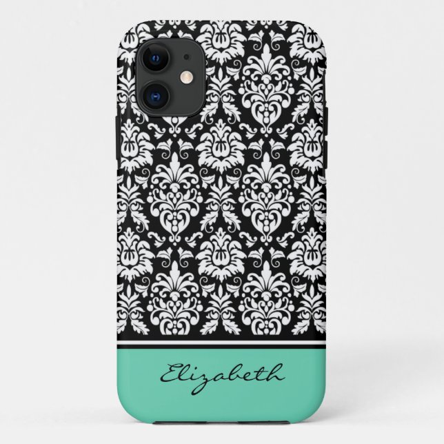 Coques Case-Mate iPhone Nom personnalisé Mint noir blanc Damas (Dos)