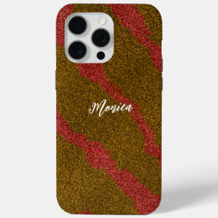 Coque iPhone 15 Pro Max Nom personnalisé moderne brun et rose pailleté