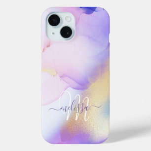 Coque Pour iPhone 15 Nom personnalisé Monogram Purple Aquarelle Luxe