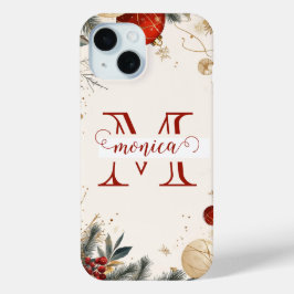Coque Pour iPhone 15 Nom personnalisé Monogramme Or Rouge Élégant