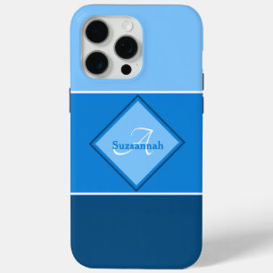 Coque iPhone 15 Pro Max Nom personnalisé Monogramme Trois bandes Ombre Ble