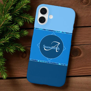 Coques iPhone 16 Plus Nom personnalisé Monogramme Trois bandes Ombre Ble