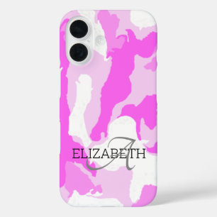 Coques iPhone 16 Nom personnalisé Motif de camouflage rose blanc