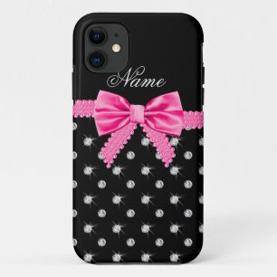 Etui iPhone Case-Mate Nom personnalisé noir diamants rose arc