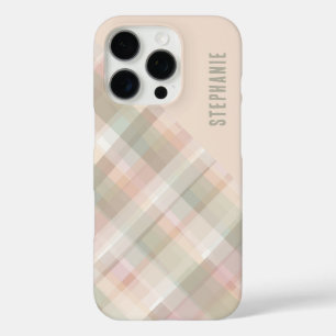 Coques iPhone 16 Pro Nom personnalisé Pastel Plaid pêche vert joli 