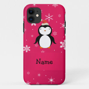 Coques Pour iPhone Nom personnalisé pingouin flocons de neige rose