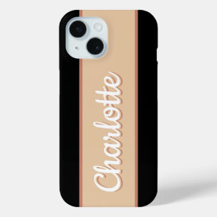 Coque Pour iPhone 15 Nom personnalisé Retro Bande Beige Noir