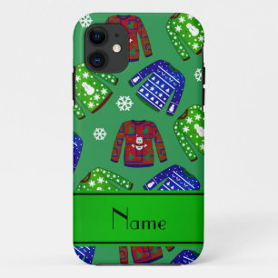 Coques Pour iPhone Nom personnalisé vert moche motif pull de Noël
