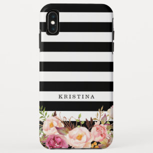 Coque Case-Mate Pour iPhone Nom rayé blanc noir floral élégant de monogramme