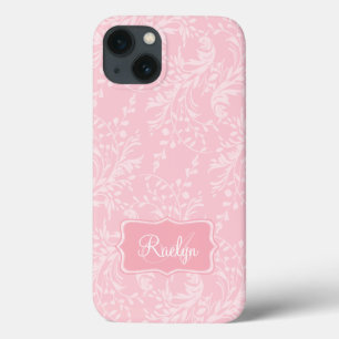 iPhone 13 Coque Nom rose à motif fleur sauvage damassé