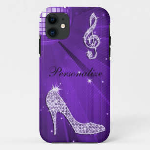 Coque iPhone 11 Note de musique et talon aiguille violet scintilla