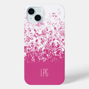 Coque iPhone 15 Mini Notes musicales de pluie de monogramme Fuchsia ros
