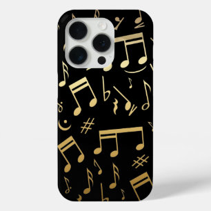 Coque iPhone 15 Pro Notes musicales d'or sur arrière - plan noir