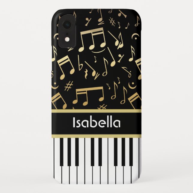 Coques Case-Mate iPhone Notes musicales et touches de piano Noir et Or (Dos)