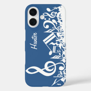 Coques iPhone 16 Notes musicales personnalisées sur le bleu