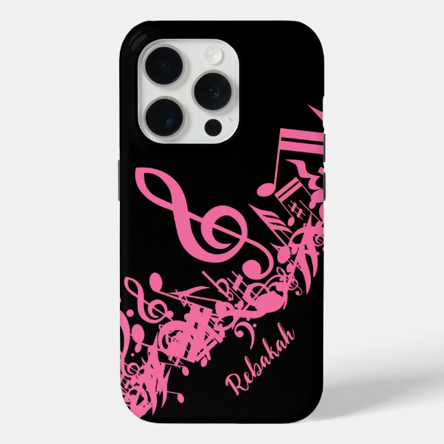 Coques Case-Mate iPhone Notes musicales roses chaudes sur noir (Verso)