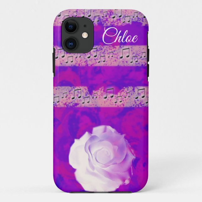Coques Case-Mate iPhone Notes musicales, un rose blanc, et votre nom (Dos)