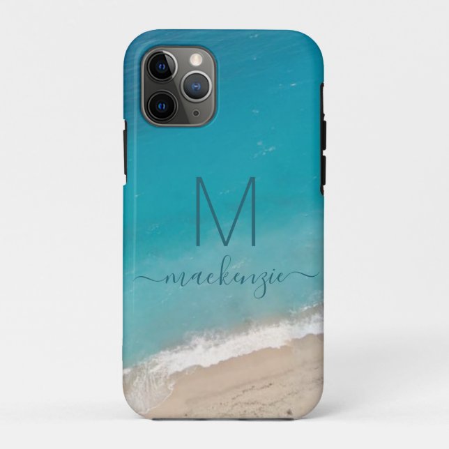 Coques Case-Mate iPhone Ocean Beach avec Monogramme bleu Turquoise Personn (Dos)