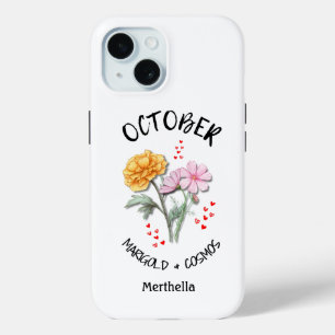 Coque Pour iPhone 15 OCTOBRE Mois de naissance Fleur Nom personnalisé C