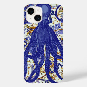 Coque Pour iPhone 14 Octopus antique sur Blue Gold Floral