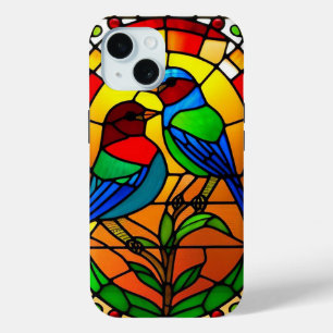 Coque Pour iPhone 15 Œuvre d'art en verre coloré avec des oiseaux
