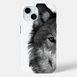 Coque Pour iPhone 15 OEuvre d'oeil de loup noir et blanc