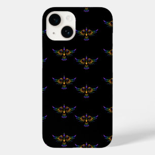 Coque Pour iPhone 14 Oiseau abstrait doré, violet et vert sur noir