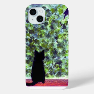 Coque iPhone 15 Mini Oiseau Chat Noir observation Peinture Cute Kitty