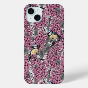 Coque iPhone 15 Mini Oiseaux dans le jardin lilas rose