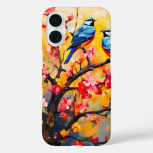 Coques iPhone 16 Oiseaux de printemps colorés en fleurs